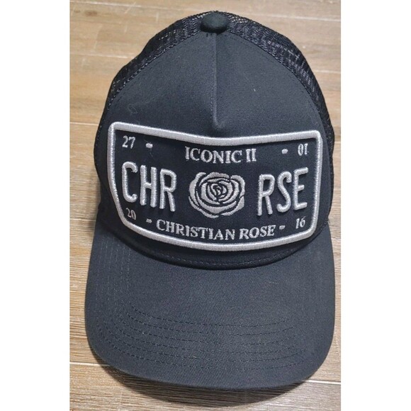 Christian Rose| CR004 Iconic II Trucker Mesh Baseball Cap - Black & Silver Hat - Picture 1 of 6